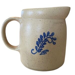 Vintage McCoy Bluefield Creamer #1414 Tan w/ Blue Leaf Motif 4” Made USA Rustic